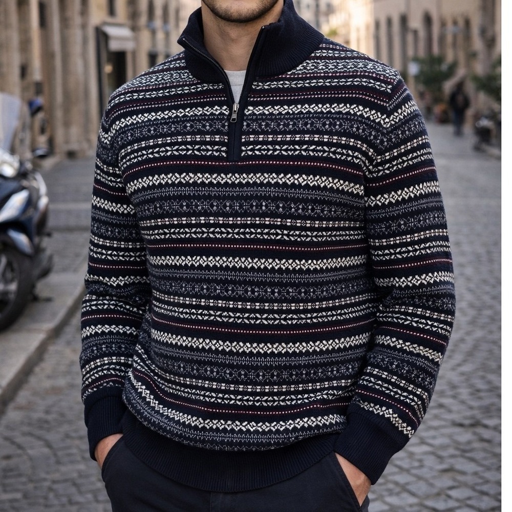 Mens Navy Fair Isle Cotton Wool Quarter Zip Sweater Large Nordic Elevated Casual